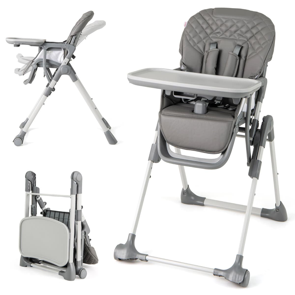 CostwayChaise Haute Pliable pour Bébés Chaise Haute Portable Réglable avec Repose-pieds Plateau Détachable Coussinet de Siège Gris