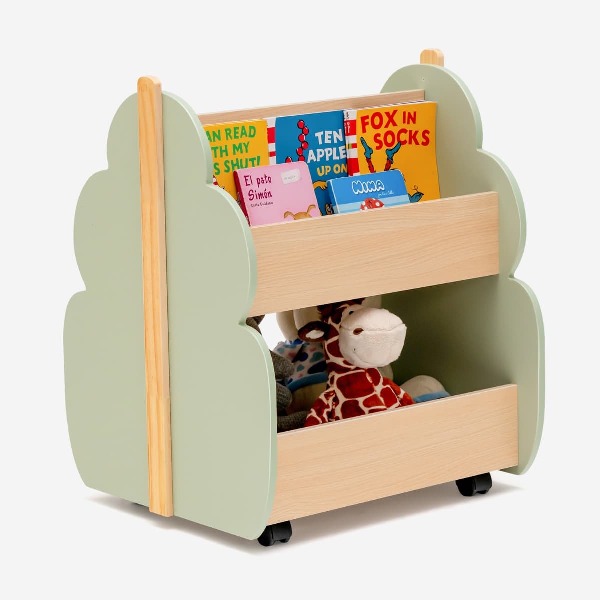 CostwayÉtagère Rangement pour Enfants Bibliothèque en Bois 2 Niveaux avec Roues Universelles pour Livres Jouets Charge MAX. 49KG Vert