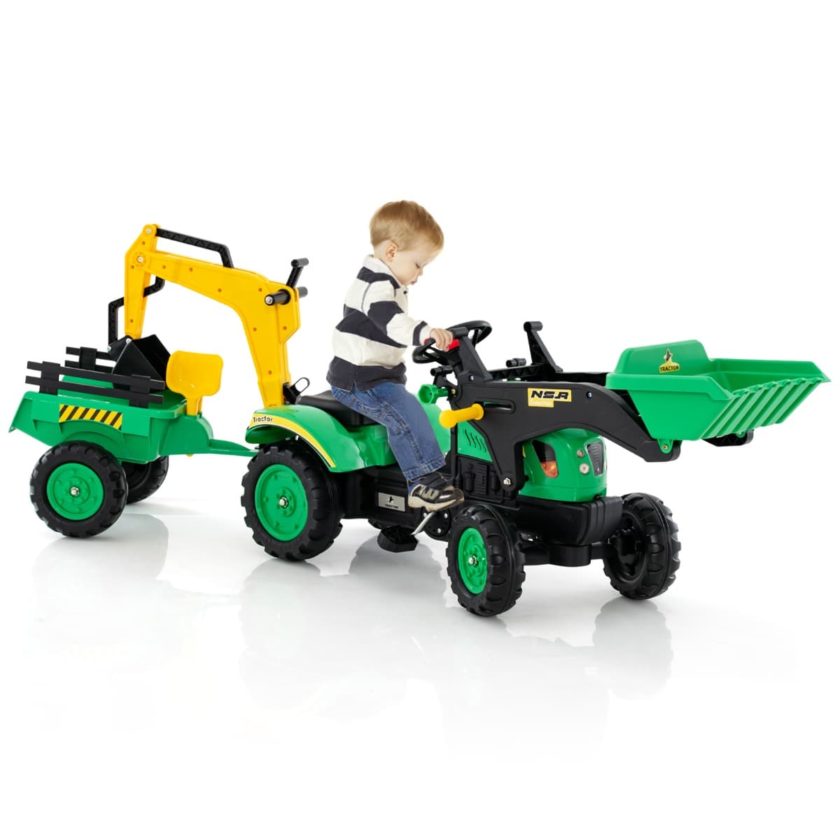 Costway3 en 1 Tracteur pour Enfant avec 6 Roues Jouet Pelle Remorque Amovible avec Volant Klaxon 3 à 6 Ans Vert