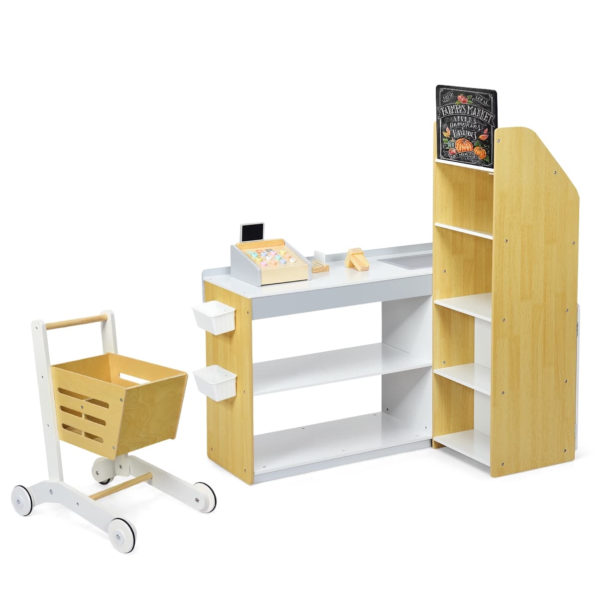 CostwayJeu d'imitation Jouet Marchande en Bois avec Caisse de Supermarché 3 Ans+