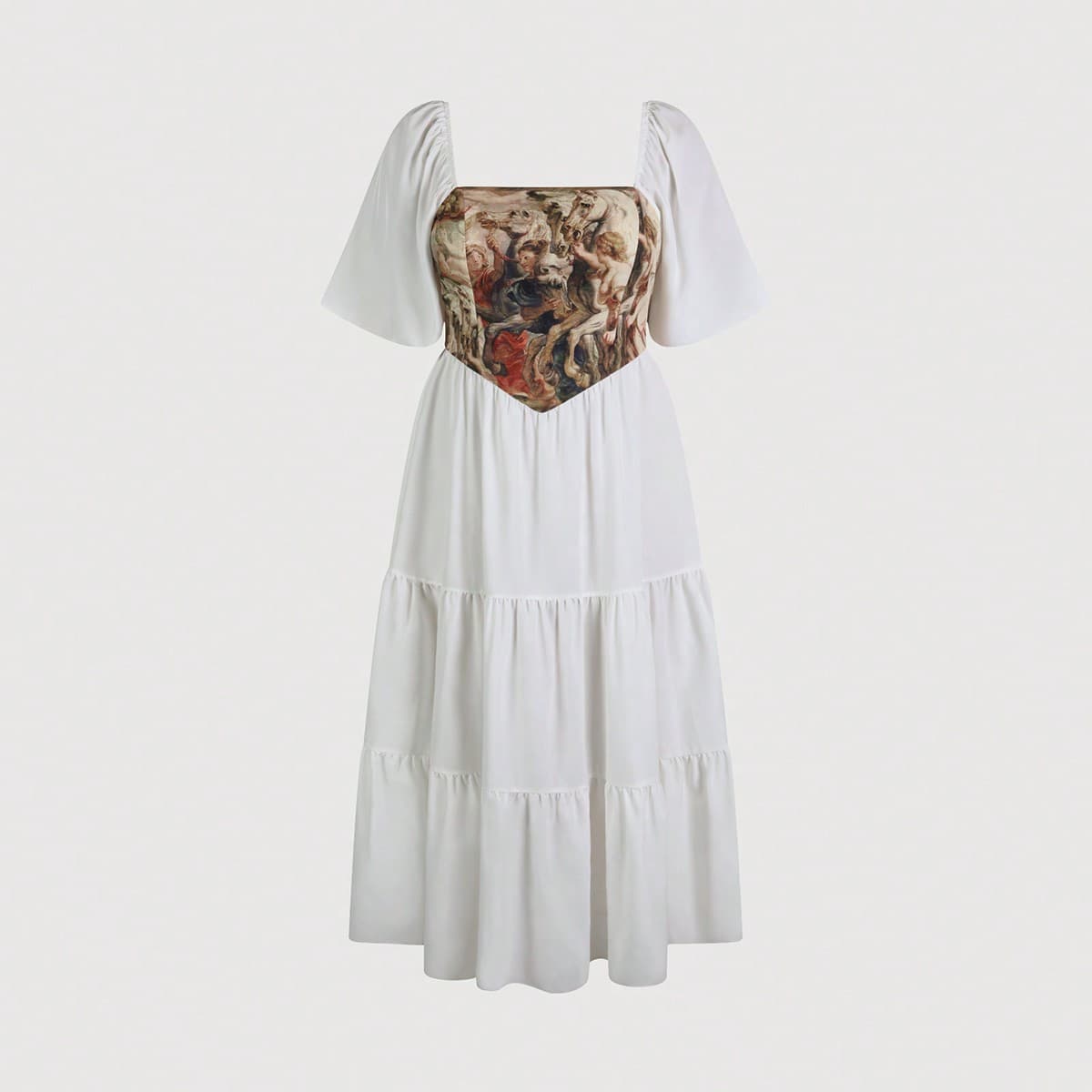 Robe Longue Imprimée Élégante Grande Taille Avec Encolure Carrée, Ourlet À Volants Et Silhouette En Ligne A