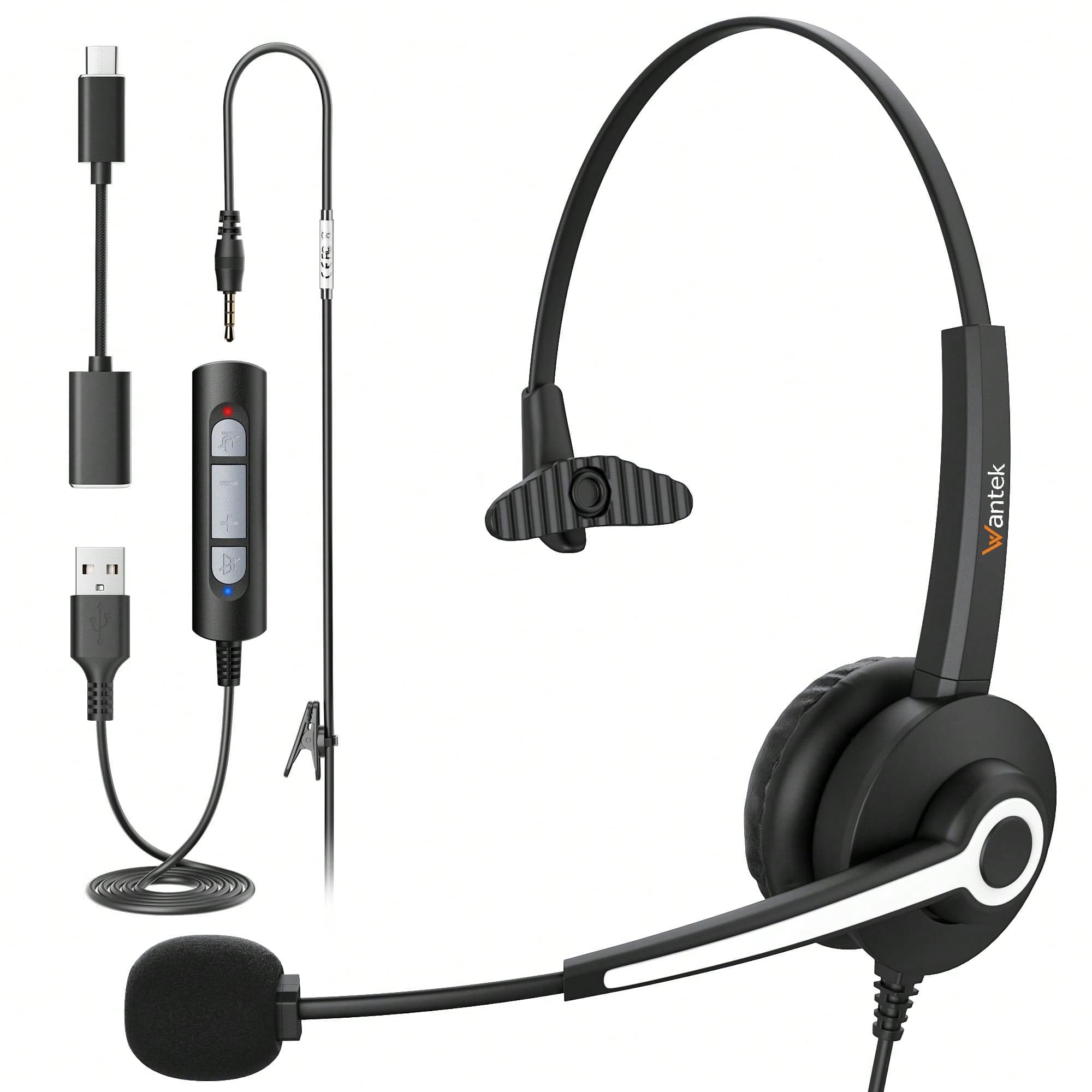 Wantek Casque USB filaire monaural avec microphone antibruit et commandes en ligne, casque professionnel UC pour SoftPhone, centre d'appels