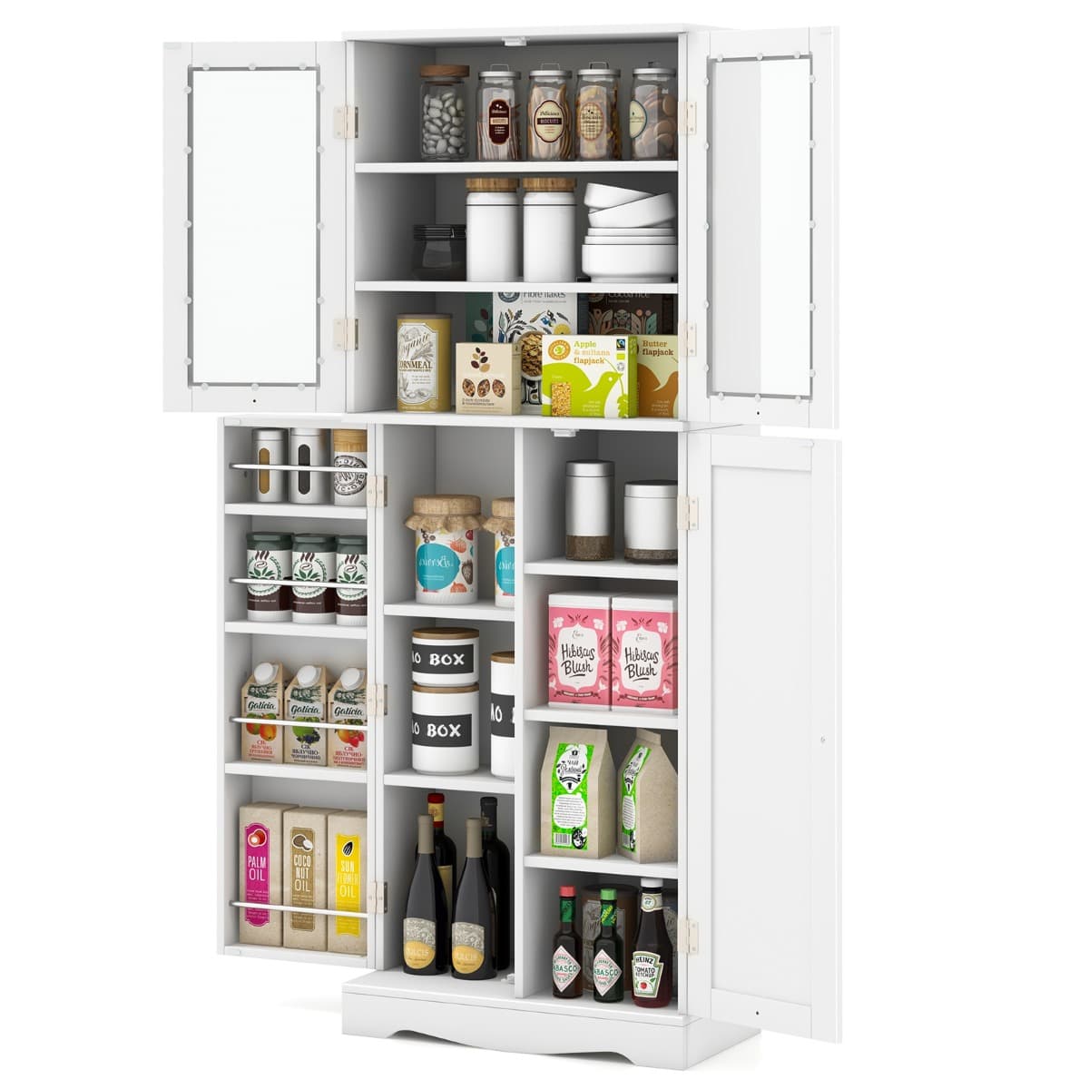 Vitrine en Verre 161,5 cm Armoire Cuisine Haute avec 2 Portes Vitrées et 2 Portes Multi-Rangement St