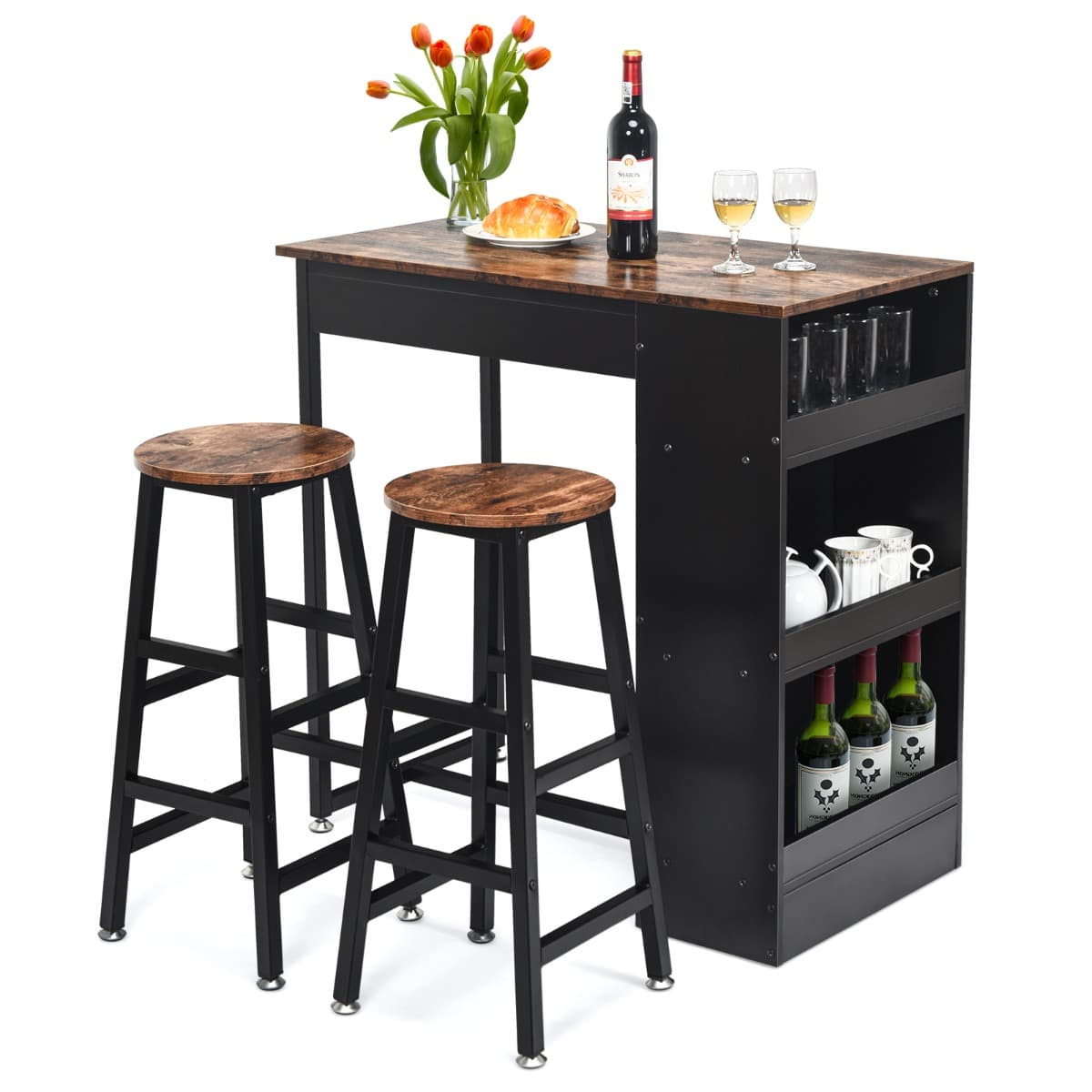 Ensemble de Table de Bar 3 Pièces à Hauteur de Comptoir 2 Tabourets de Bar en Bois étagère Latérale